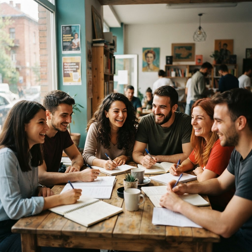 Young Balkan adults collaborating together in a community center